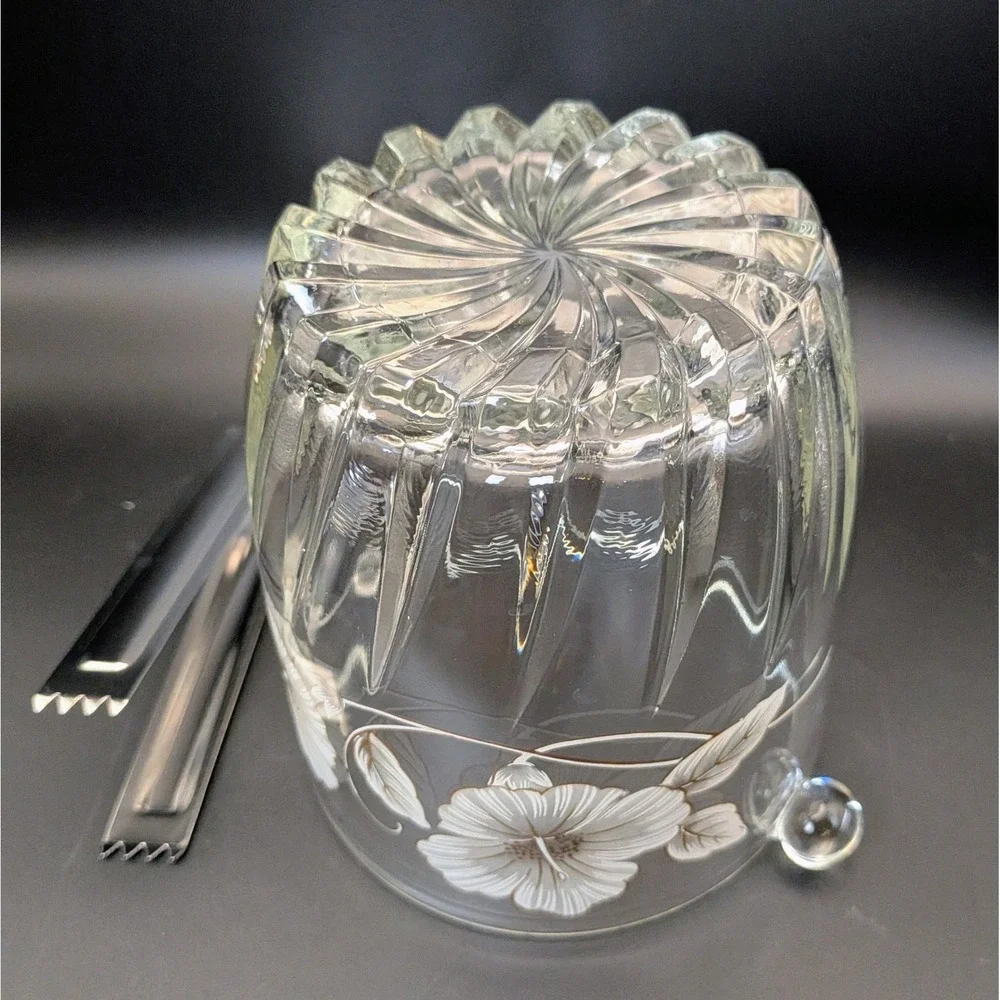 Vintage Mid Century Floral Etched Ice Bucket with Tongs